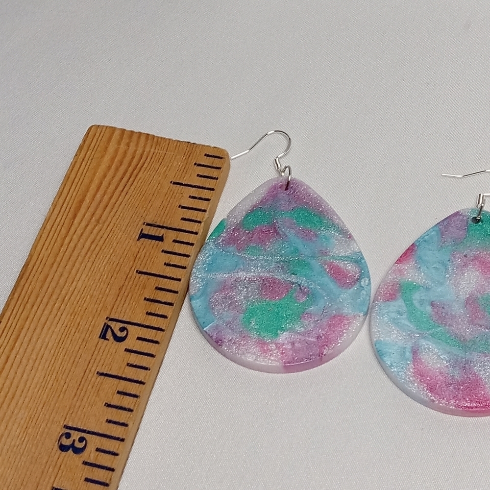 Hand Crafted Pink and Green Teardrop Earrings - Picture 3 of 4